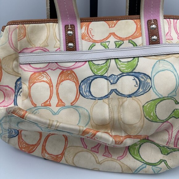 Coach Hampton Scribble Tote Bag Multicolor Canvas Leather Trim - Picture 6 of 9